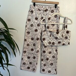 Reformation set - sunflower print denim mid rise with matching denim crop top.